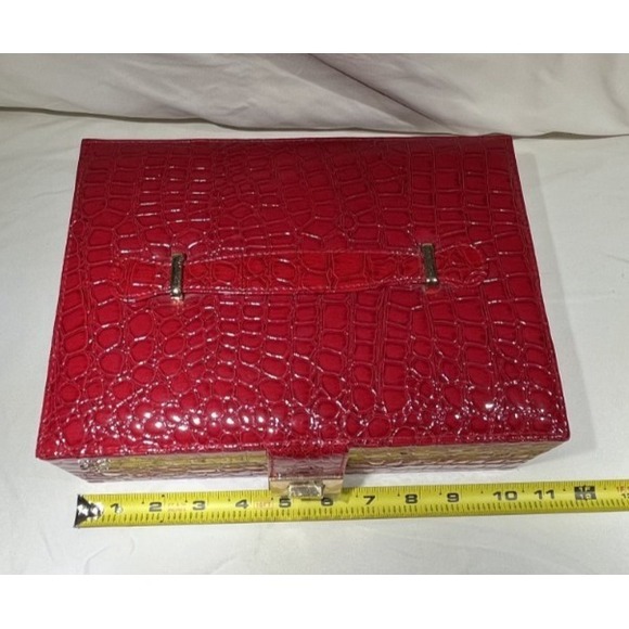 Elizabeth Arden Red Faux Crocodile Leather Box Handbag with Gold Hardware